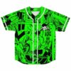 Green baseball jersey with anime-inspired manga panel print and skull crest reading Giri front view