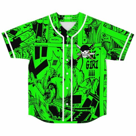 Green baseball jersey with anime-inspired manga panel print and skull crest reading Giri front view