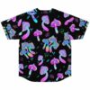 back view of black jersey covered in glowing pink and teal psychedelic mushroom pattern