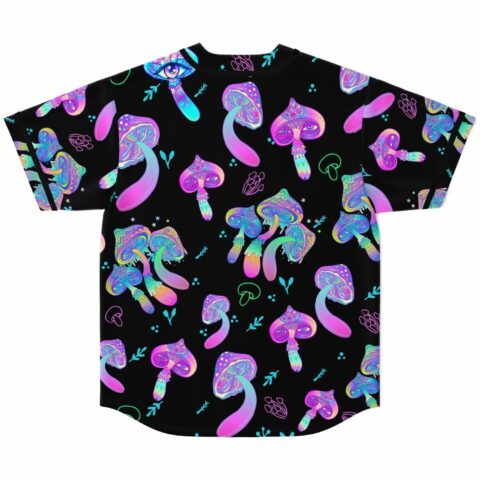back view of black jersey covered in glowing pink and teal psychedelic mushroom pattern