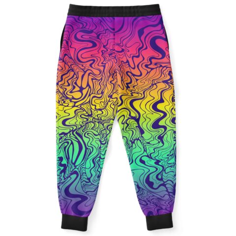 Rainbow trippy liquid rave joggers back view showing full swirl pattern flow