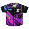 Black baseball jersey with neon psychedelic marbled swirl print and cartoon hand graphic, front view