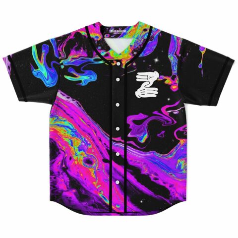 Black baseball jersey with neon psychedelic marbled swirl print and cartoon hand graphic, front view
