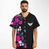 man in black split jersey with pink rose print and white wing chest logo