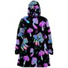 Back view of psychedelic mushroom cloak showing hood and flowing cape silhouette