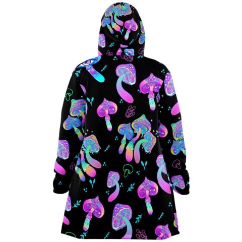 Back view of psychedelic mushroom cloak showing hood and flowing cape silhouette