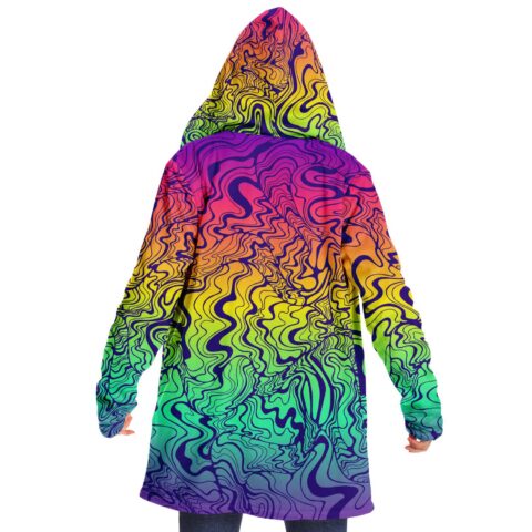 Rainbow trippy liquid rave cloak back view with hood up and swirl pattern