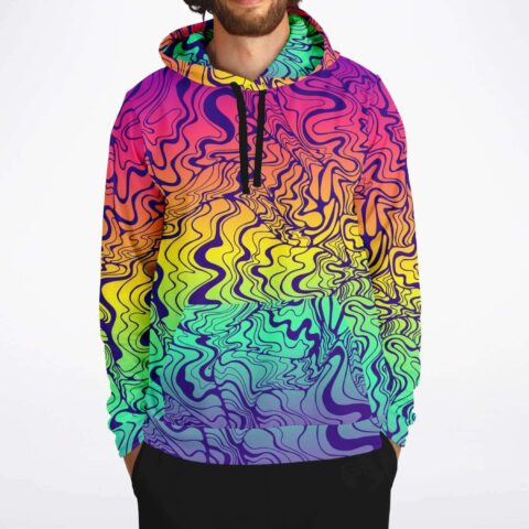 Rainbow melt psychedelic lines rave hoodie close-up on model wearing black pants
