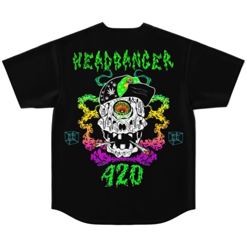 Black jersey back view with Headbanger 420 text and dripping skull graphic design
