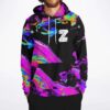 Front view of neon marble rave hoodie showing psychedelic swirl print and hand sign graphic