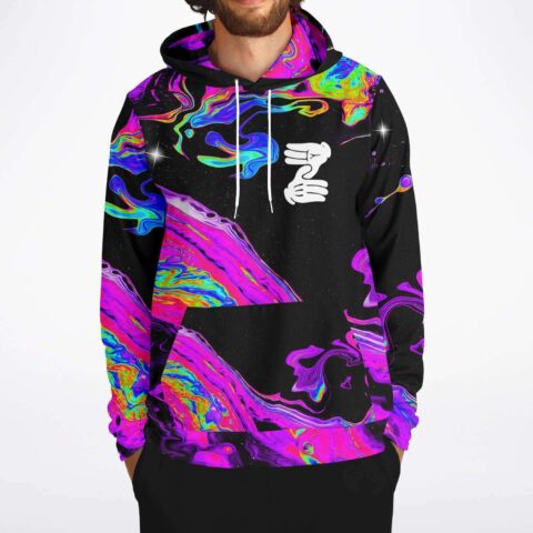 Front view of neon marble rave hoodie showing psychedelic swirl print and hand sign graphic