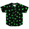 Green alien head print baseball jersey flat lay front view on black buttoned shirt