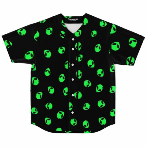 Green alien head print baseball jersey flat lay front view on black buttoned shirt
