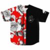 Rave baseball jersey with grayscale rose print and split black all-seeing eye design, flat lay