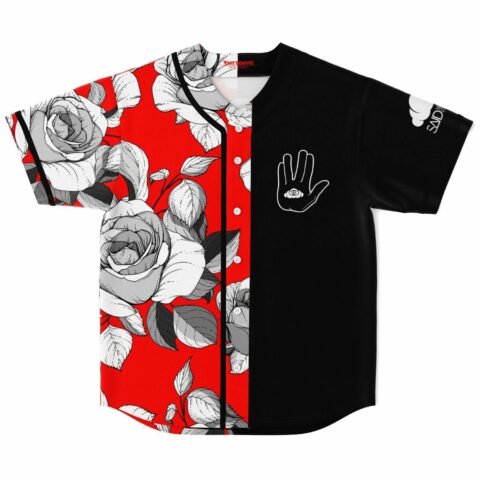 Rave baseball jersey with grayscale rose print and split black all-seeing eye design, flat lay