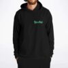 Black hoodie front view with small teal cartoon-style script text on chest