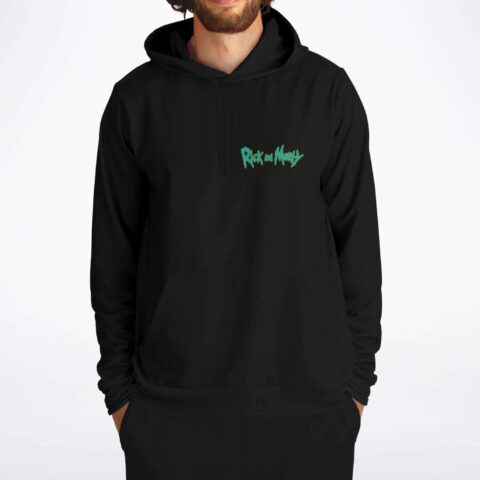 Black hoodie front view with small teal cartoon-style script text on chest
