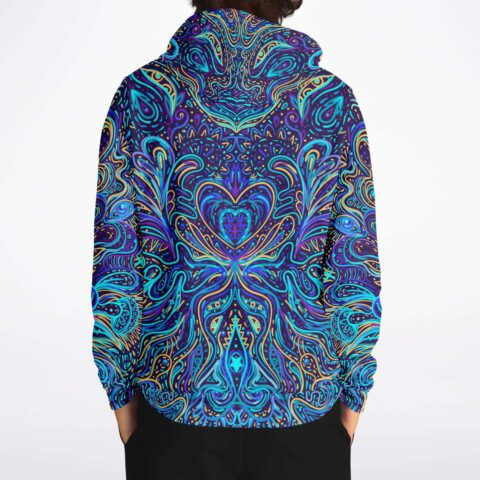 Back view of the symmetrical swirling line art pattern on the psychedelic heart hoodie