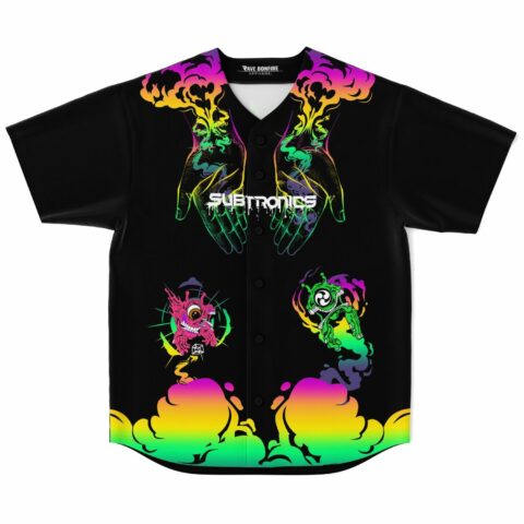 Black rave baseball jersey with glowing two hands smoke design and Subtronics text front view