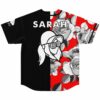 Grayscale rose print jersey back with Sarah name and split cartoon goggle face graphic flat