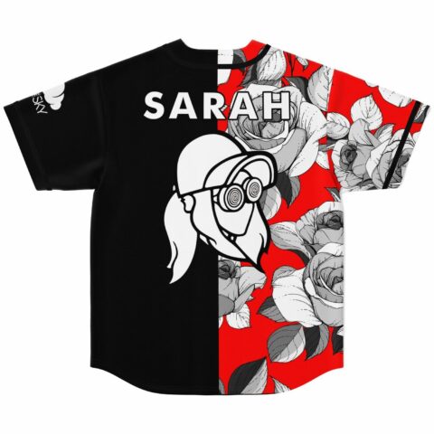 Grayscale rose print jersey back with Sarah name and split cartoon goggle face graphic flat