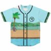Front view of horse-themed cartoon poolside baseball jersey with palm tree and Hollywoo hills print