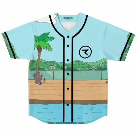 Front view of horse-themed cartoon poolside baseball jersey with palm tree and Hollywoo hills print