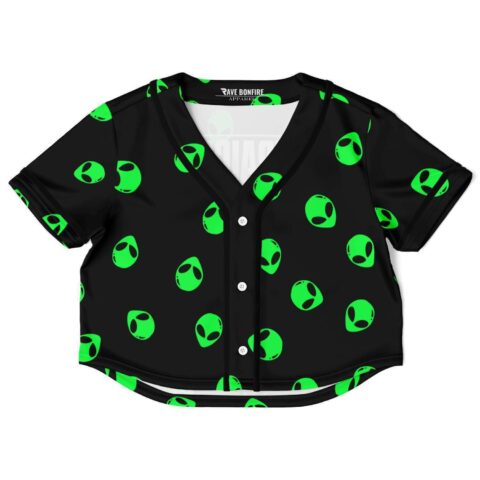 Black crop top with green alien-inspired print