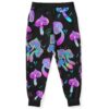 Back view of black joggers showing trippy mushroom eyes pattern and white drawstring