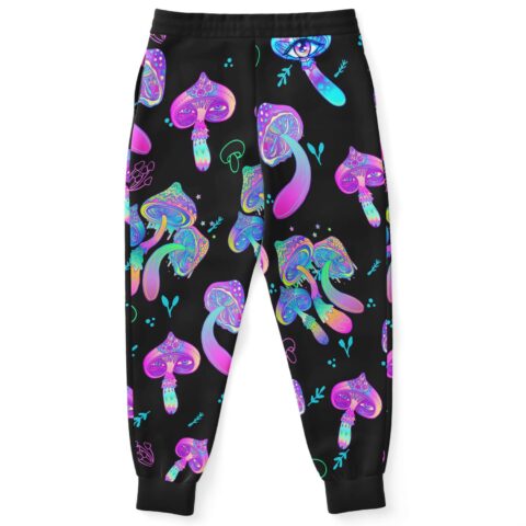 Back view of black joggers showing trippy mushroom eyes pattern and white drawstring