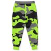 Back view of neon lime camo joggers showing full leg pattern and grey waistband