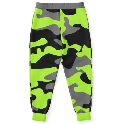 Back view of neon lime camo joggers showing full leg pattern and grey waistband