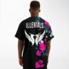 back view of man in ILLENIALS jersey showing wing logo and floral half print