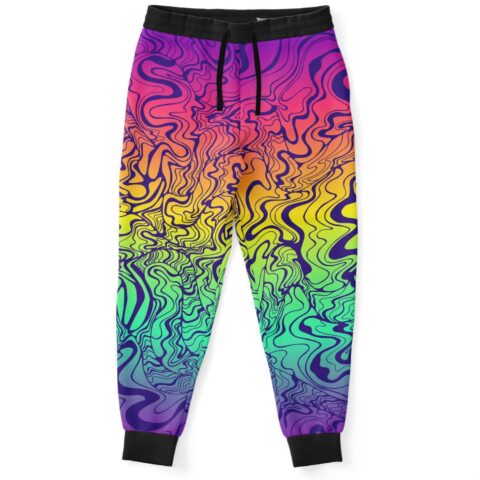 Rainbow trippy liquid rave joggers front view with black drawstring waistband and cuffs