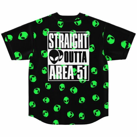 Black jersey back view with Straight Outta Area 51 text over green alien heads