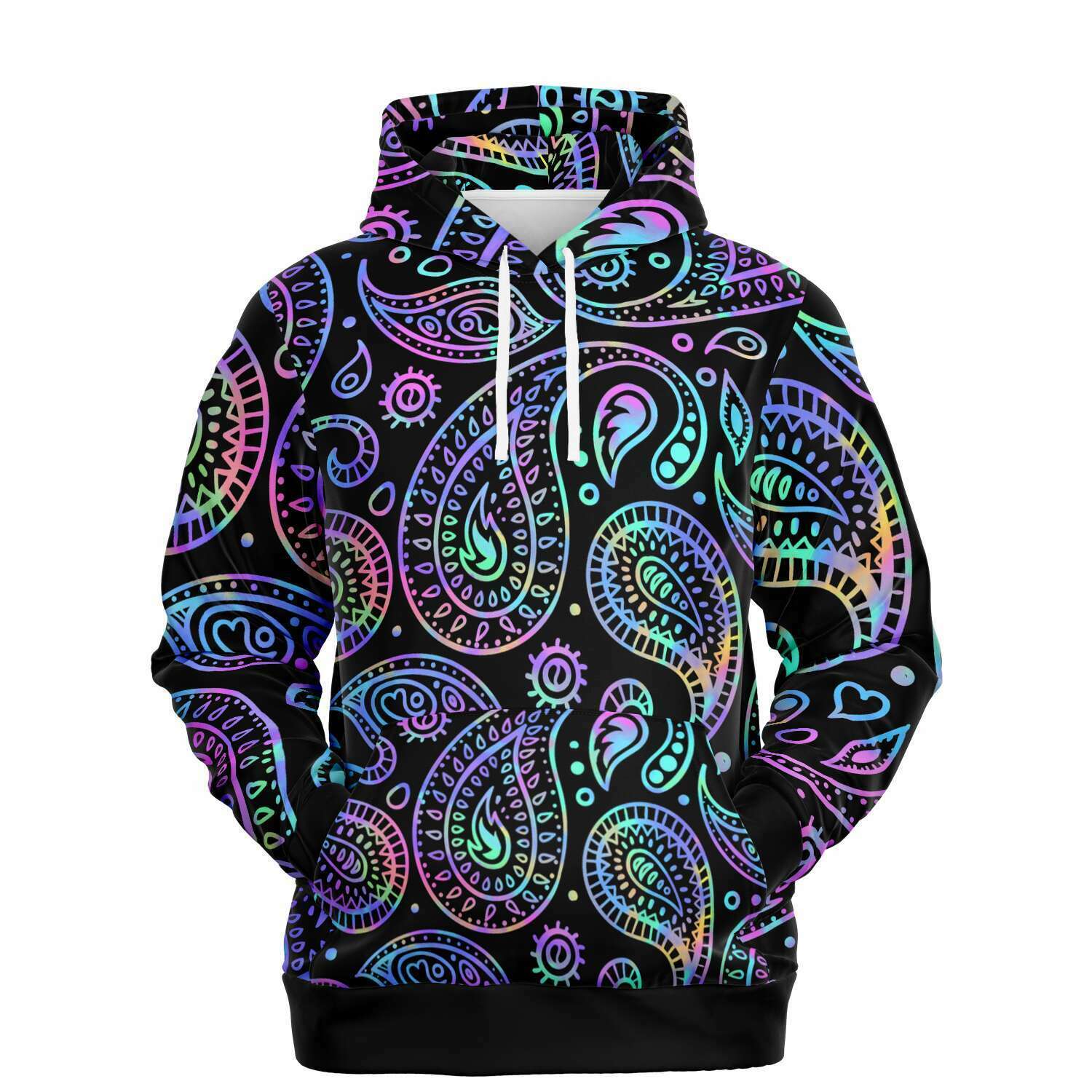 a black hoodie with a colorful paisley pattern on it