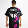 back view of man wearing ILLENIALS jersey with wing logo and rose print sleeve