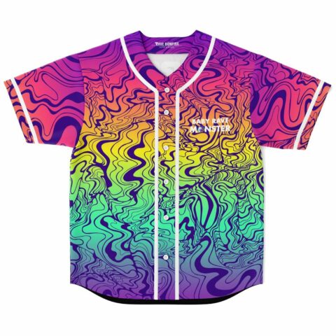Rainbow psychedelic swirl baseball jersey with Baby Rave Monster text flat front view