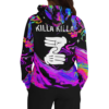 Back view of neon marble rave hoodie with white cartoon hand sign and Killa Killa
