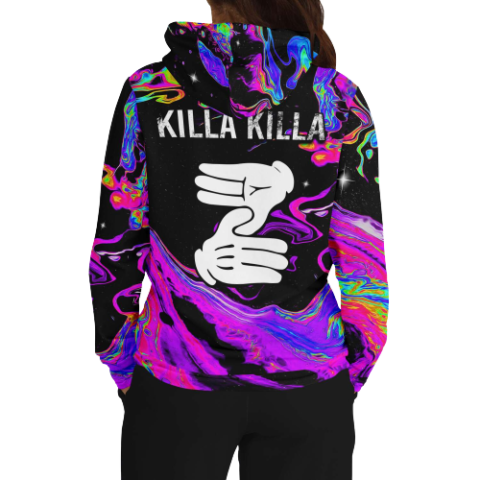 Back view of neon marble rave hoodie with white cartoon hand sign and Killa Killa