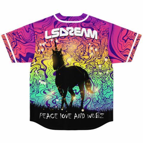 Rainbow swirl jersey back with LSDREAM logo and glowing unicorn silhouette design