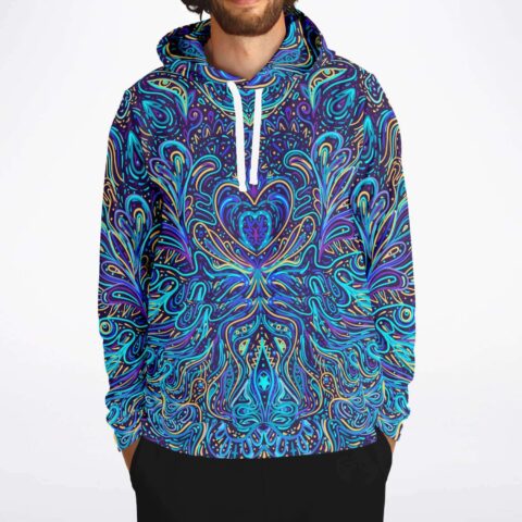Front view of teal and purple psychedelic doodle heart rave hoodie with white drawstrings