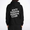 Black rave hoodie back view with bold Anti Riddim Riddim Club text print