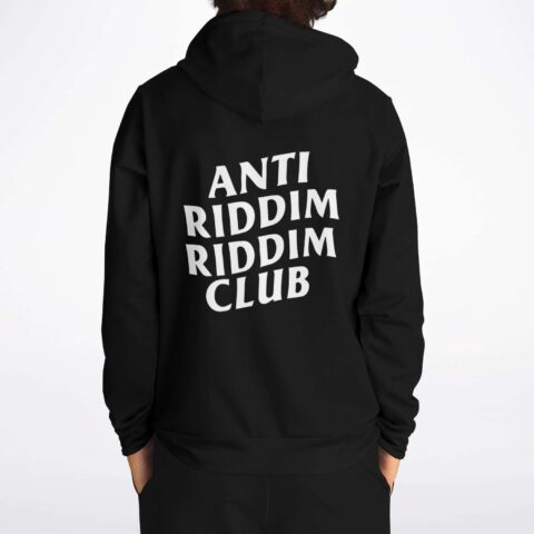 Black rave hoodie back view with bold Anti Riddim Riddim Club text print