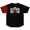 Black jersey back view with bold Space Mom lettering and UFO icon between red swirl