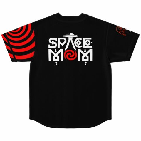 Black jersey back view with bold Space Mom lettering and UFO icon between red swirl