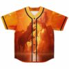Fiery orange dragon battle print rave baseball jersey with black pinstripes front view
