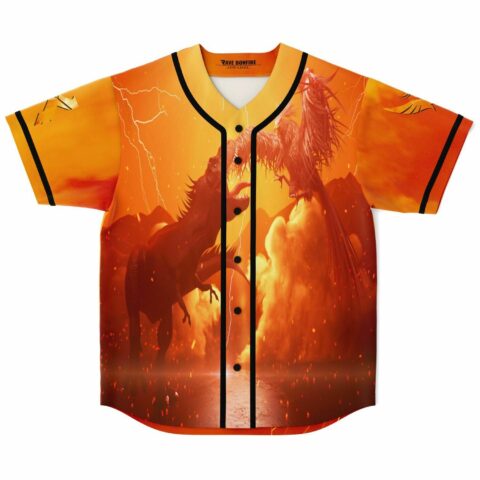 Fiery orange dragon battle print rave baseball jersey with black pinstripes front view