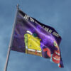dark purple galaxy print flag with cartoon characters flying on a flagpole against blue sky