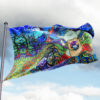 Psychedelic fantasy rave flag flying on pole showing swirling forest and creature design